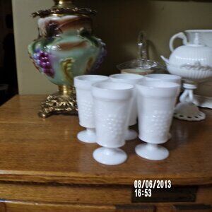 5 vtg 5.5 in footed milk glass tumblers paneled grape